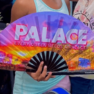Hand holding a Palace-branded clacking fan