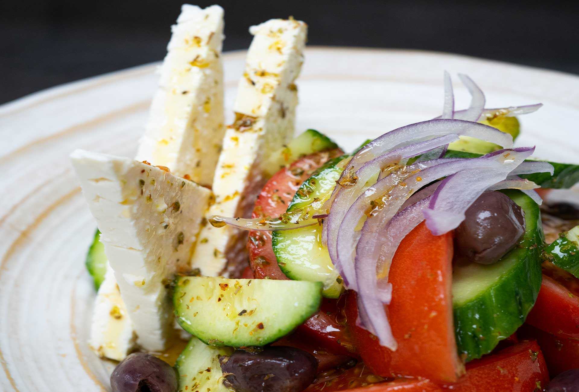 Crisp and colorful Greek salad served at Palace South Beach