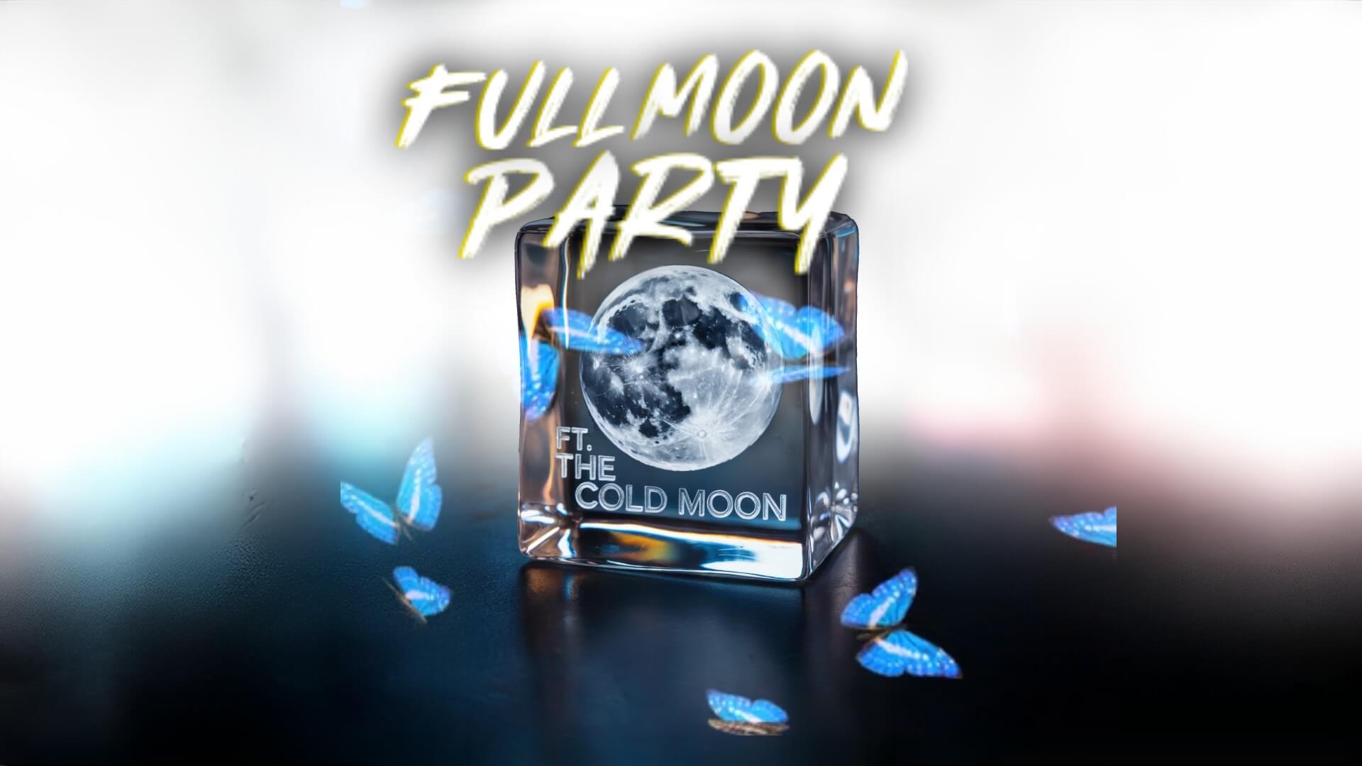 Full moon encapsulated in ice with event title overlaid for Cold Moon rooftop pool party at Palace South Beach Miami