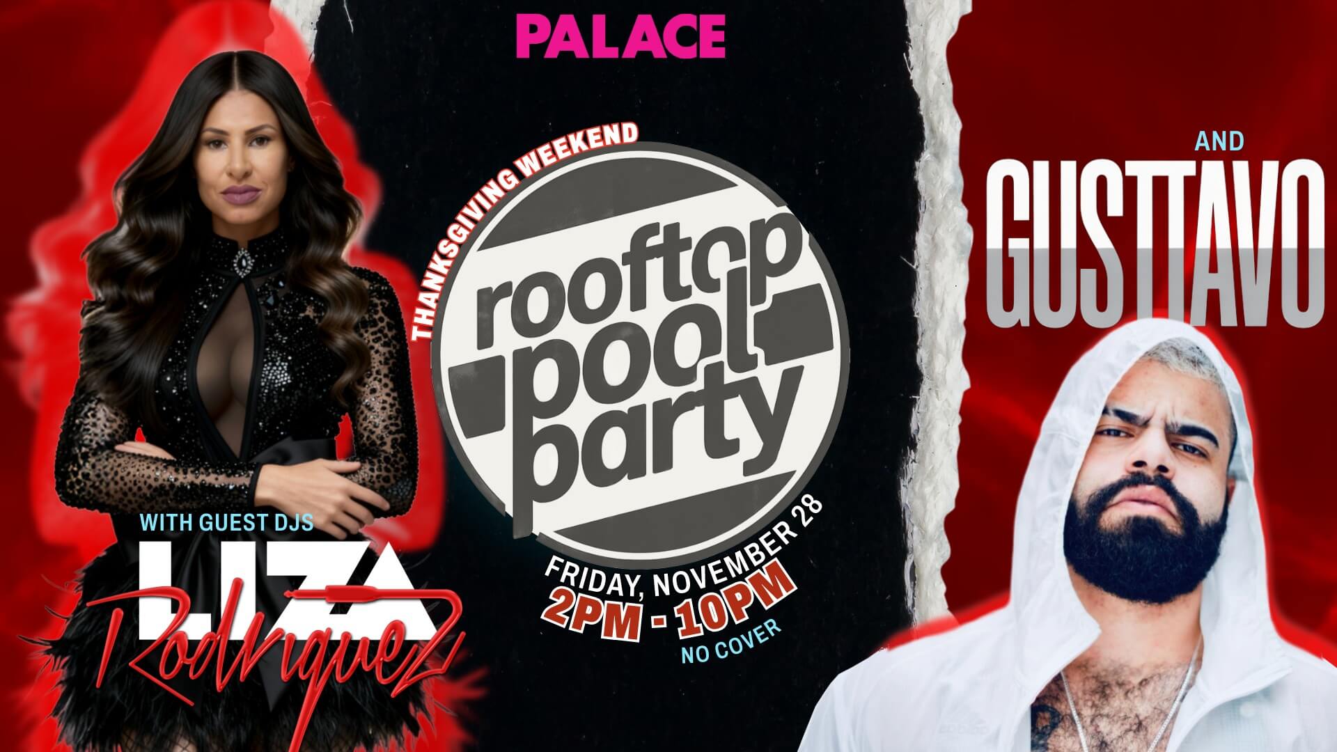 DJs Liza Rodriguez and Gusttavo posing with Thanksgiving Rooftop Pool Party logo between them