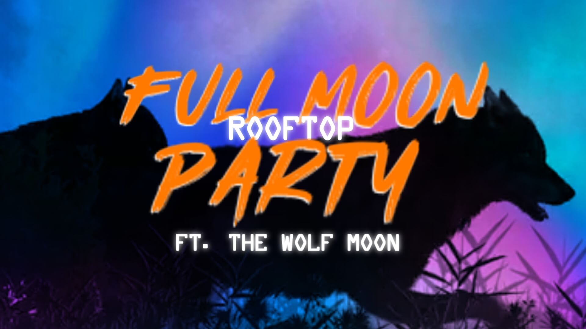 Full moon and howling wolf with event title for Wolf Moon rooftop pool party at Palace South Beach Miami