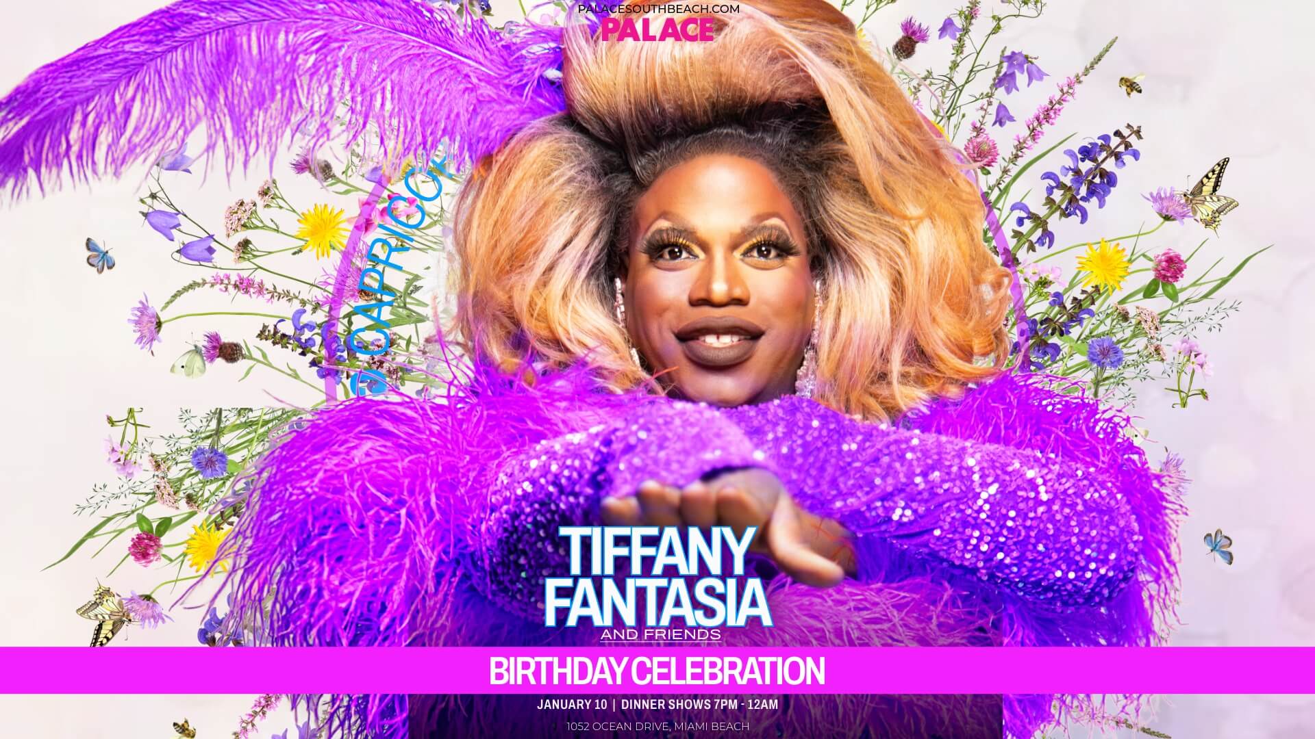 Tiffany Fantasia posing with her hand out in front of a flower wall with birthday event details