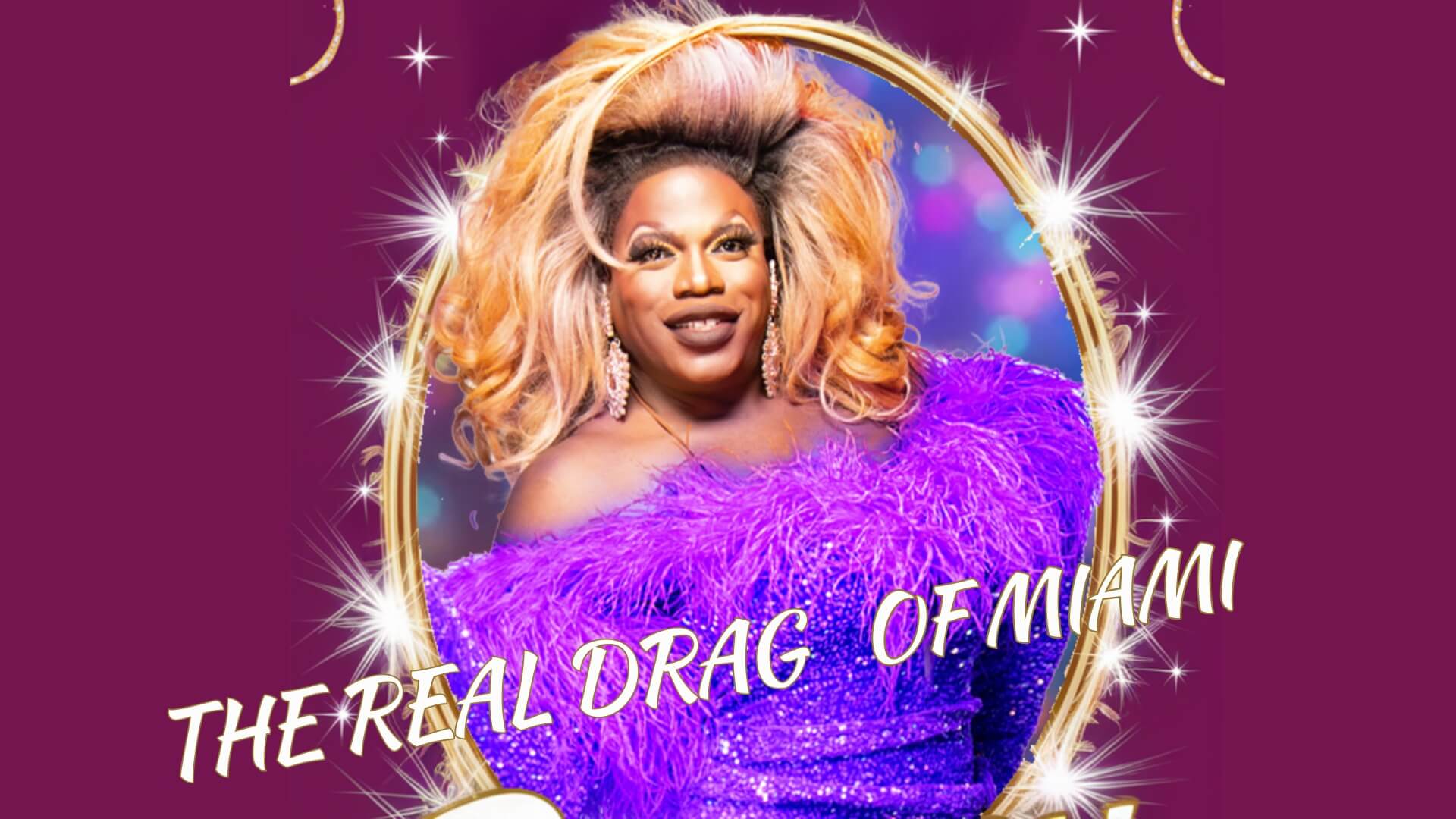 Tiffany Fantasia posing beside The Real Drag Brunch of Miami title on purple background at Palace South Beach Miami