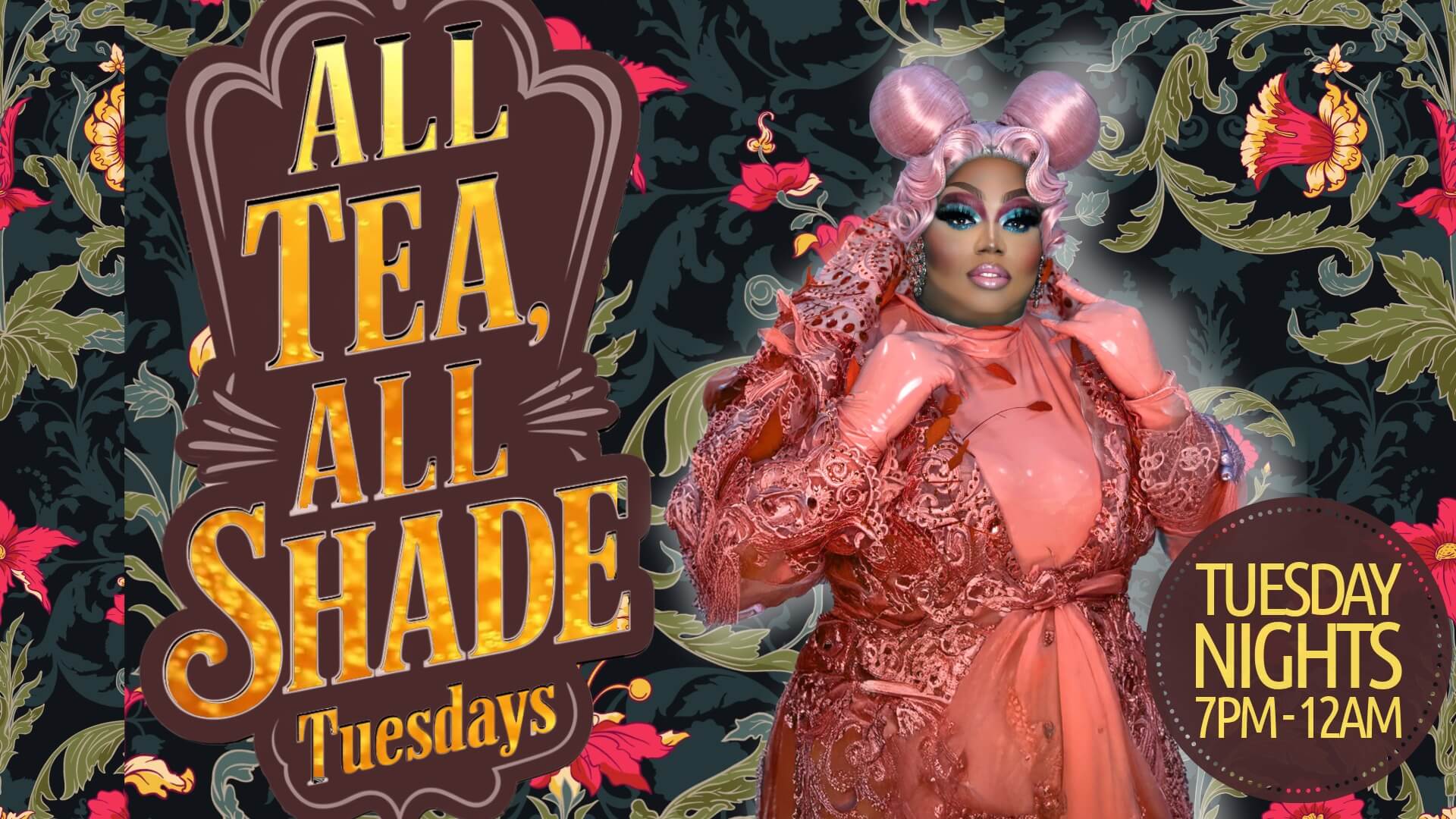 Malaysia Babydoll Foxx posing next to All Tea All Shade Tuesdays event title at Palace South Beach Miami