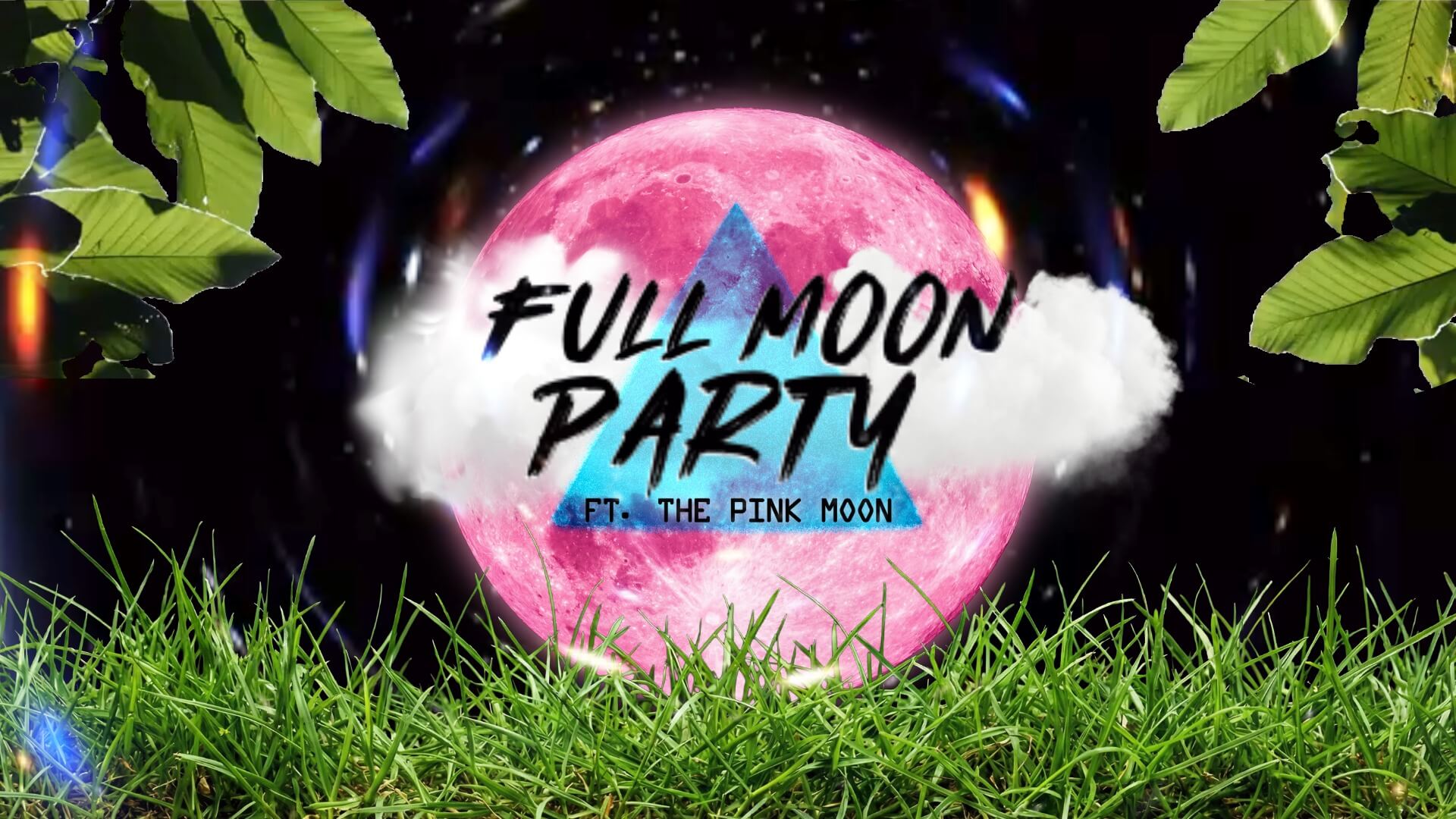 Pink moon with nature elements and event title for Full Moon Party at Palace South Beach Miami
