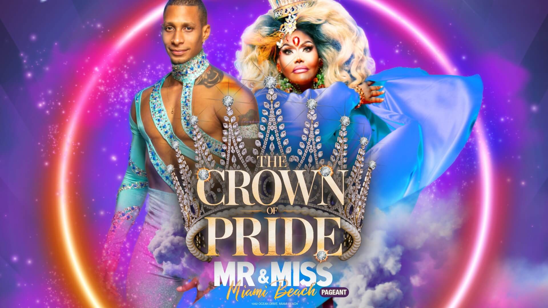Akasha O’Hara Lords and Oscar G on The Crown of Pride pageant promotional image at Palace South Beach Miami