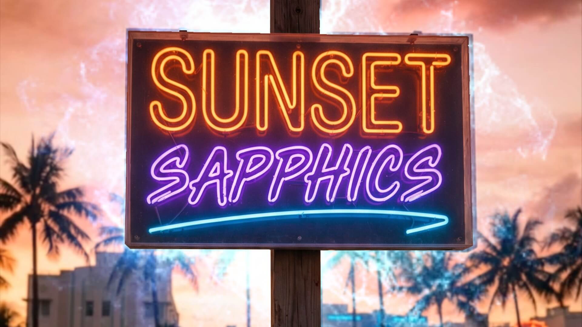 Sunset Sapphics neon event title sign over Miami Beach skyline for rooftop pool party at Palace South Beach Miami