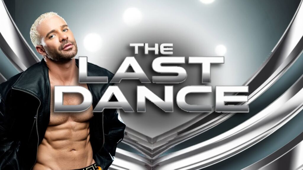 Dani Brasil posing shirtless in front of The Last Dance event title with metallic silver design at Palace South Beach Miami