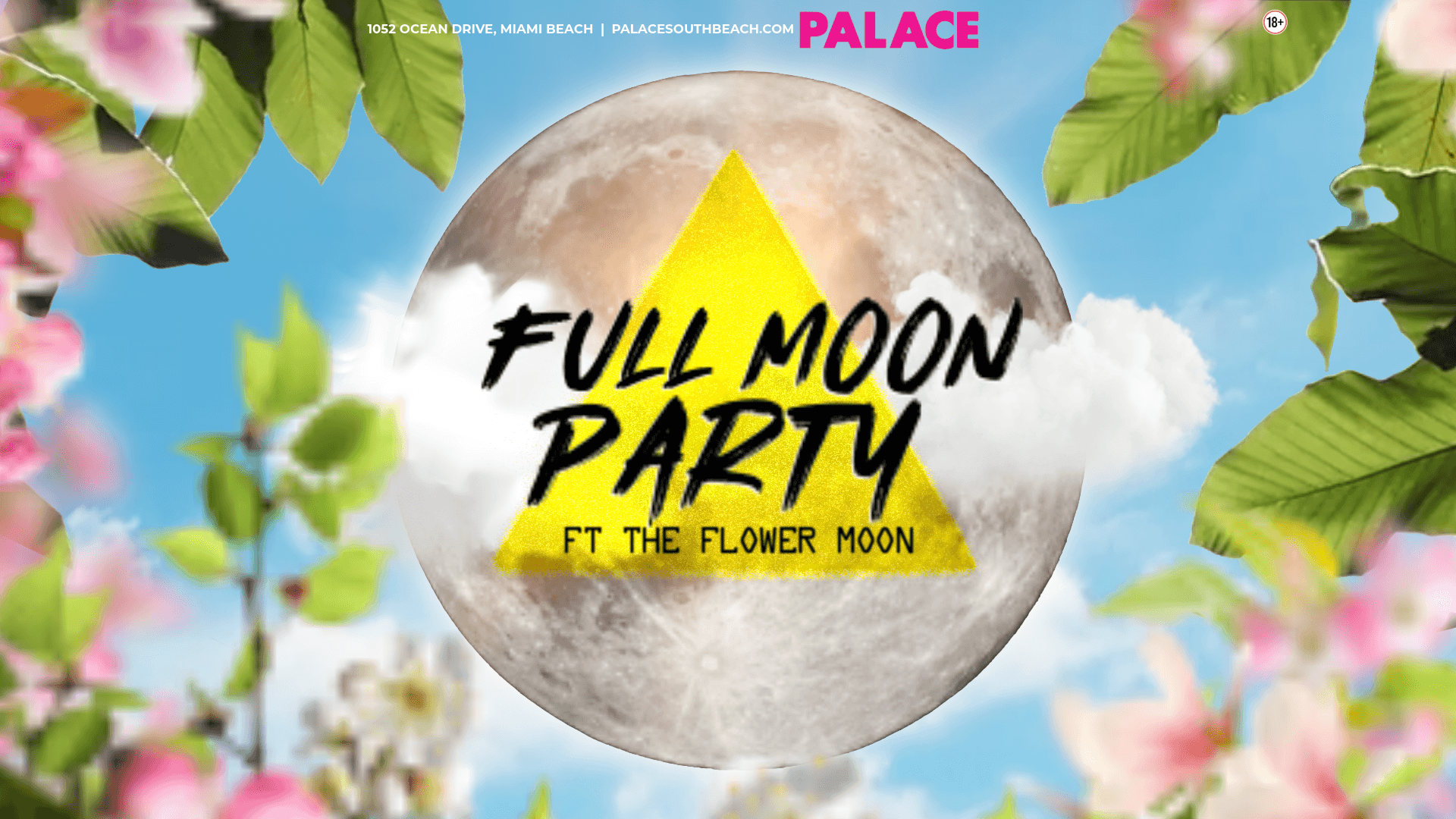 Flower Moon with nature elements and event title for rooftop pool party at Palace South Beach Miami