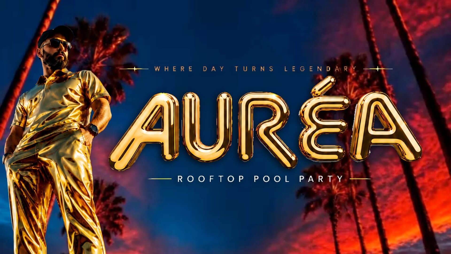 DJ JRNY in gold outfit behind AURÉA event title with sunset and rooftop pool visuals at Palace South Beach Miami