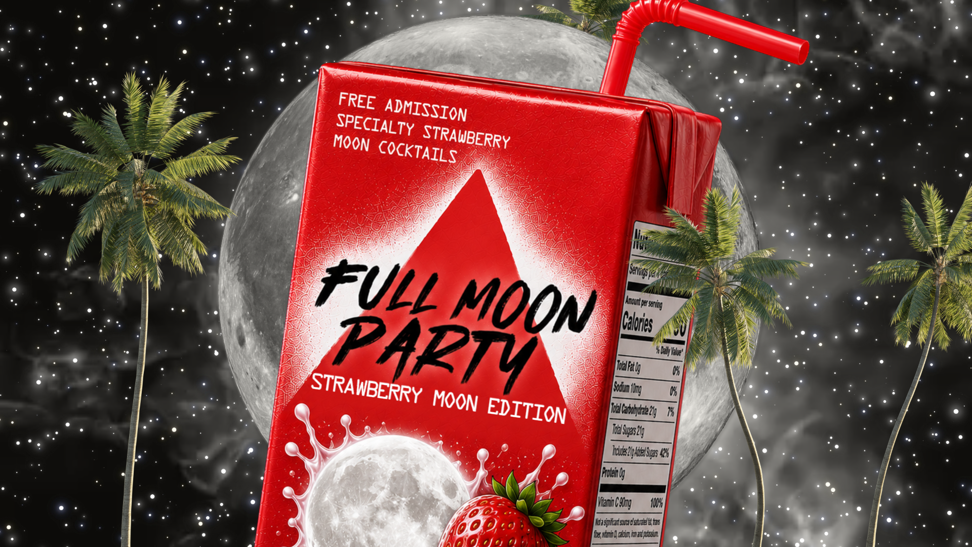 Strawberry Moon juice box event artwork with party details for Palace South Beach Miami rooftop pool party