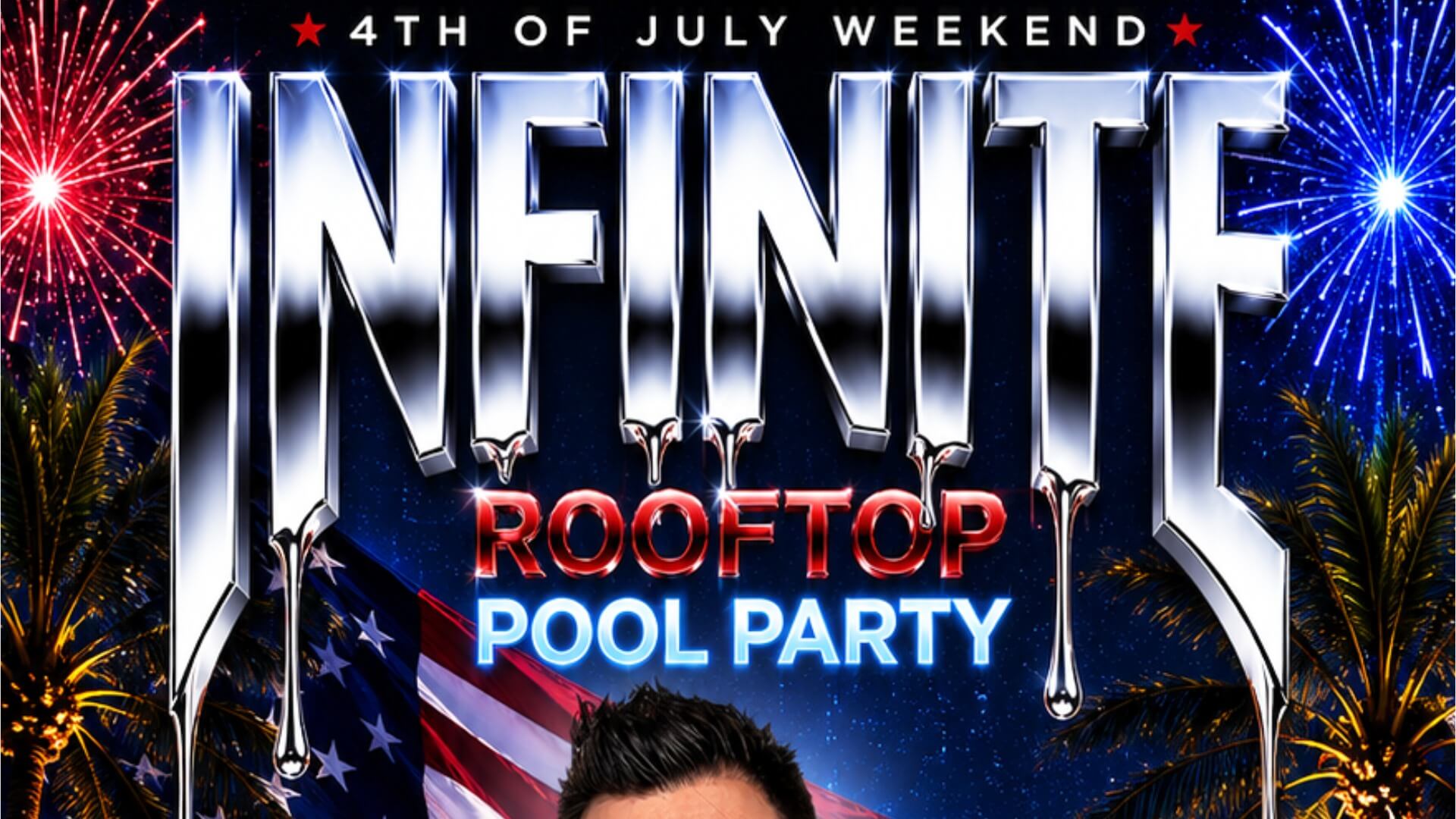 DJ Jesus Montanez behind rooftop pool with American flag and fireworks for Infinite Pool Party at Palace South Beach Miami