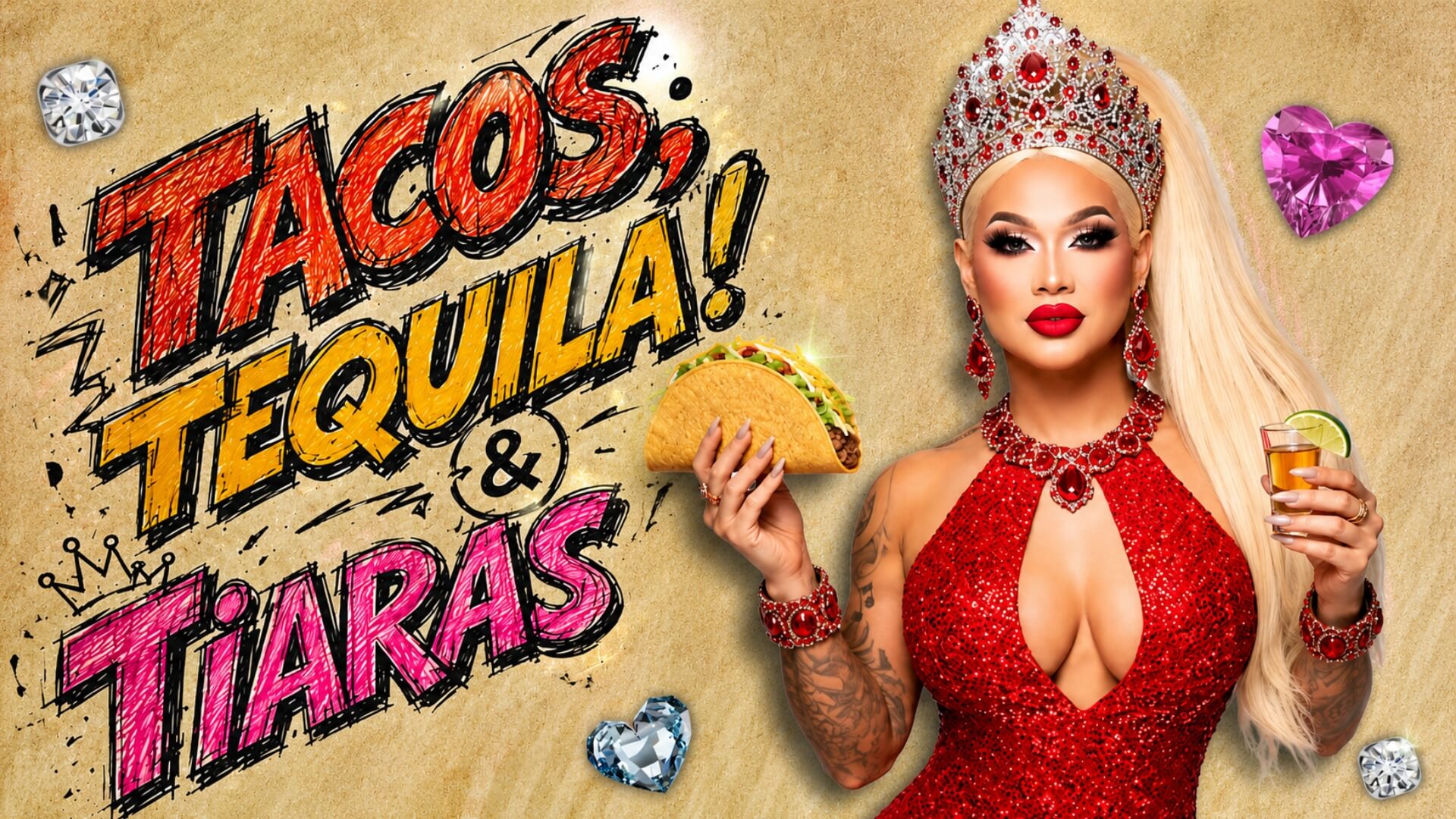 Ailiyah Crawford holding a taco and tequila shot beside the Tacos, Tequila & Tiaras event title at Palace South Beach Miami