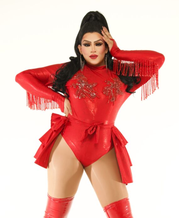 Natsh D'Witshes Venom in a bold red embellished bodysuit and thigh-high boots for Palace South Beach in Miami Beach
