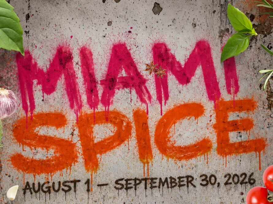 Graffiti-style Miami Spice 2026 artwork featuring bold pink and orange spray-painted lettering on a distressed wall with the dates August 1 – September 30, 2026 for Palace South Beach in Miami Beach.