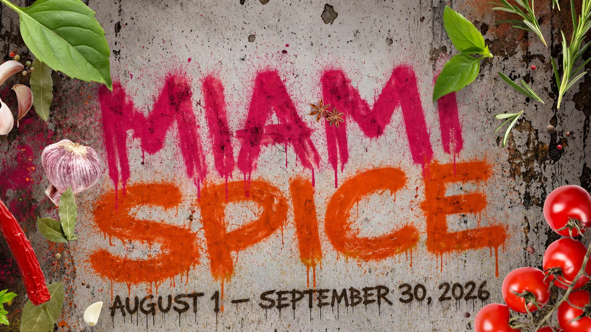 Graffiti-style Miami Spice 2026 artwork featuring bold pink and orange spray-painted lettering on a distressed wall with the dates August 1 – September 30, 2026 for Palace South Beach in Miami Beach.