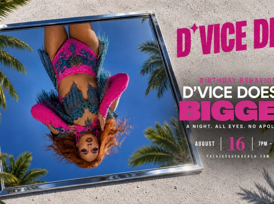 D’Vice Dion in pink posing in a tropical mirror for D’Vice Does It Bigger birthday celebration at Palace South Beach Miami