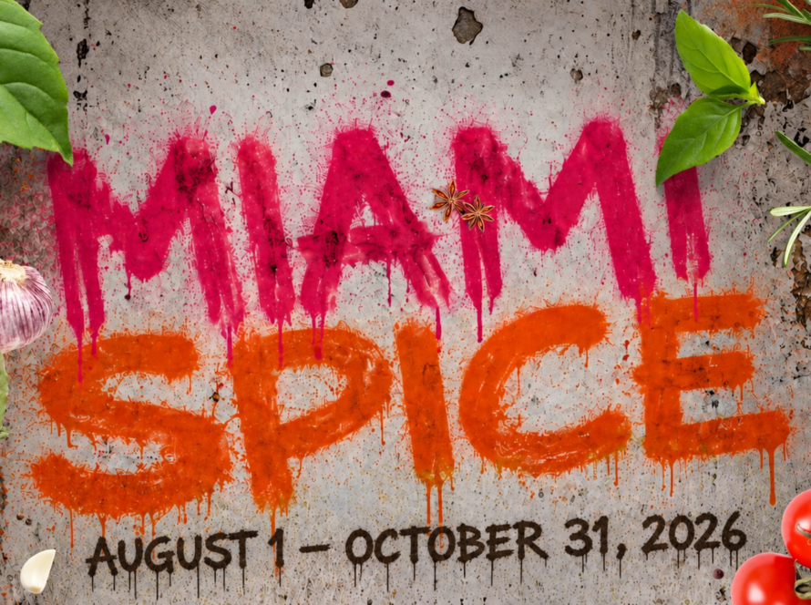 Graffiti-style Miami Spice 2026 artwork featuring bold pink and orange spray-painted lettering on a distressed wall with the dates August 1 – September 30, 2026 for Palace South Beach in Miami Beach.
