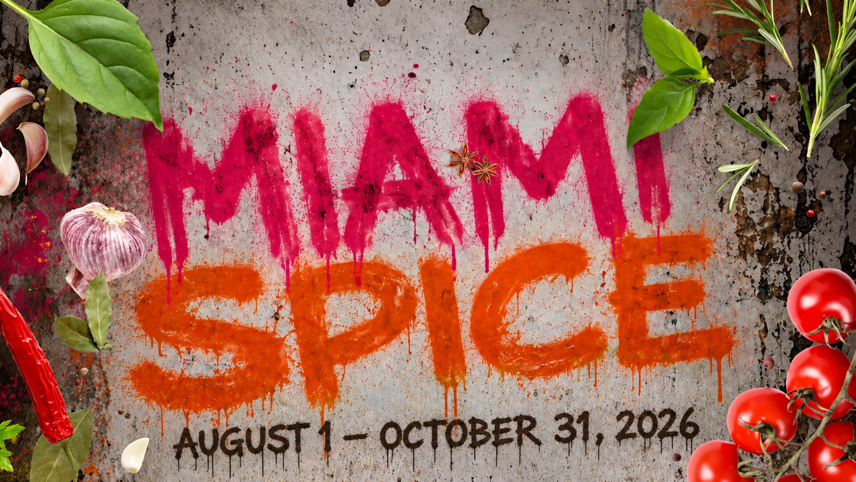 Graffiti-style Miami Spice 2026 artwork featuring bold pink and orange spray-painted lettering on a distressed wall with the dates August 1 – September 30, 2026 for Palace South Beach in Miami Beach.