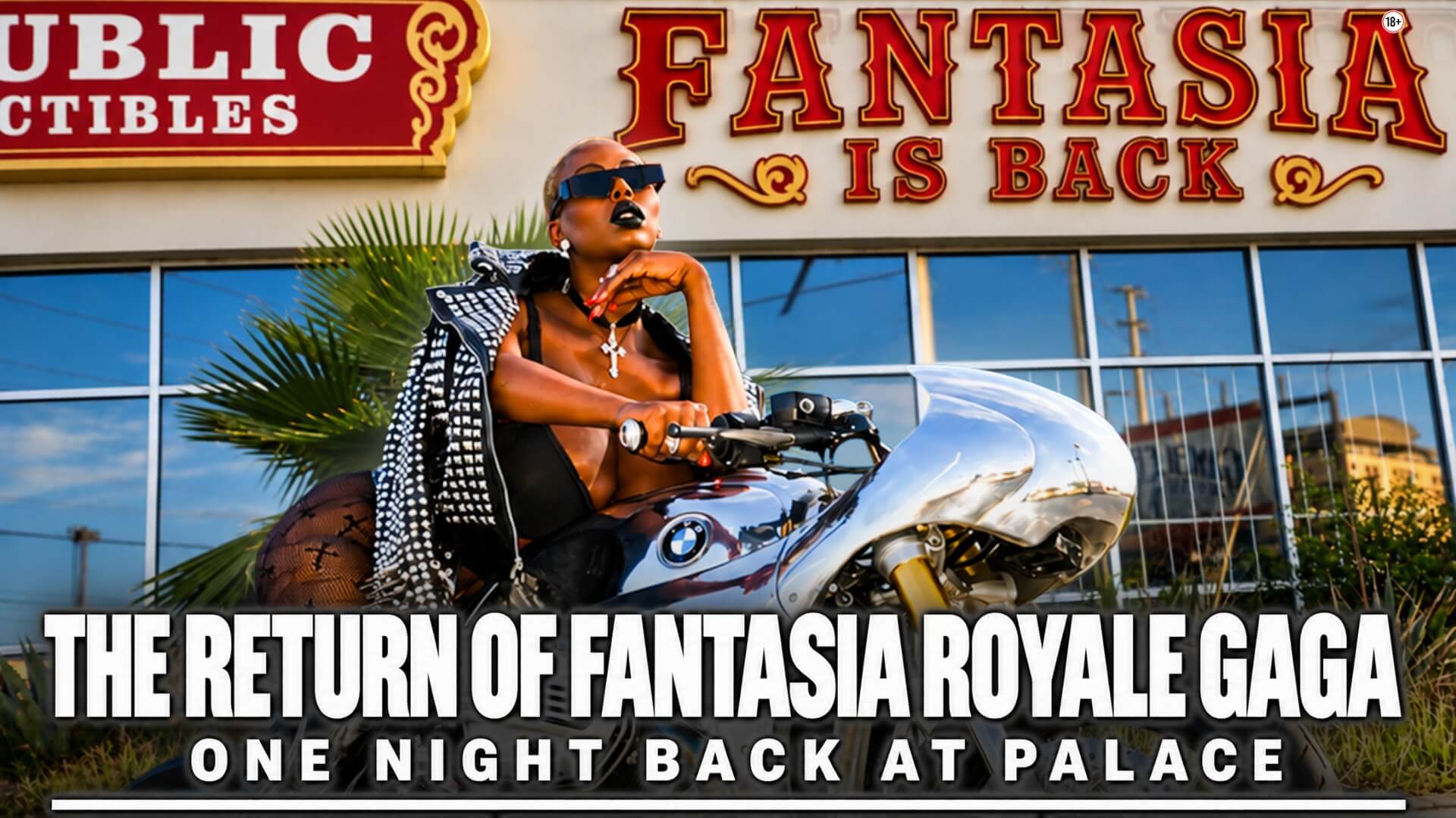 Fantasia Royale Gaga posing on a chrome motorcycle for her return to Palace South Beach Miami on September 25, 2026