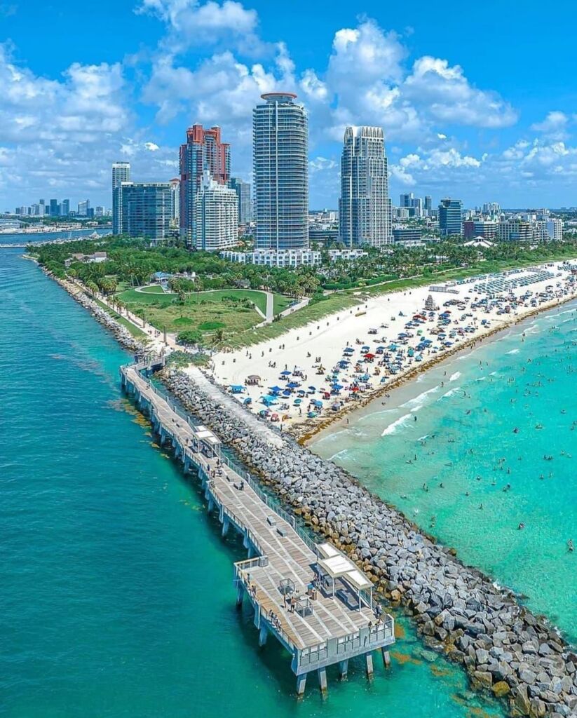 South Beach in Miami with turquoise water and the Miami Beach shoreline