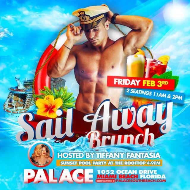 Sail away with us February 3rd for a special pre cruise brunch with [2] seatings at 11am and 2pm hosted by @tiffanyfantasia followed by our Sunset Pool Party from 4-9pm

Book your tables on our website 
www.palacesouthbeach.com/book or 
Using the link in our bio