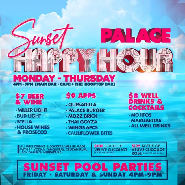 Have you enjoyed our Sunset Happy Hour and our Sunset Pool Parties?!
Tag a friend in the comments you’re coming to PALACE with!