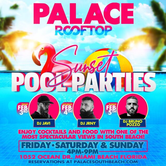 This weekend at PALACE is going to be 🔥🥵 we hope you’re ready!!
Join us for our weekend rooftop pool parties Friday• Saturday• Sunday 4pm-9pm
Friday with @djavicubal 
Saturday with @dj.jrny 
Sunday with Dj @bruno_pozzo305 

Who are you bringing?? Tag them in the comments!!